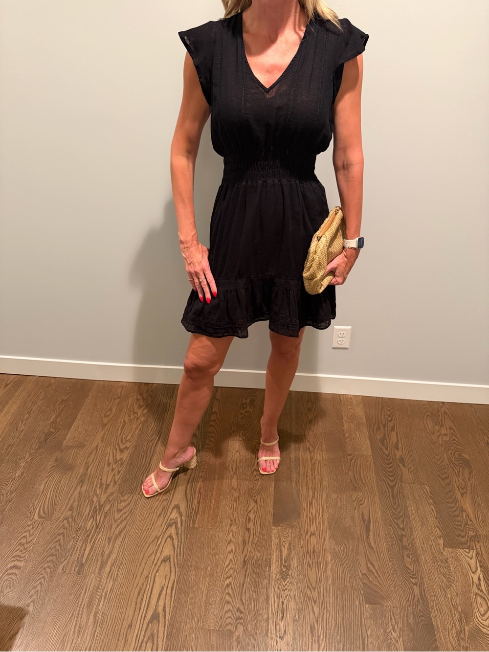 Smocked Waist Black Mini Dress with V-Neck and Ruffle Hem